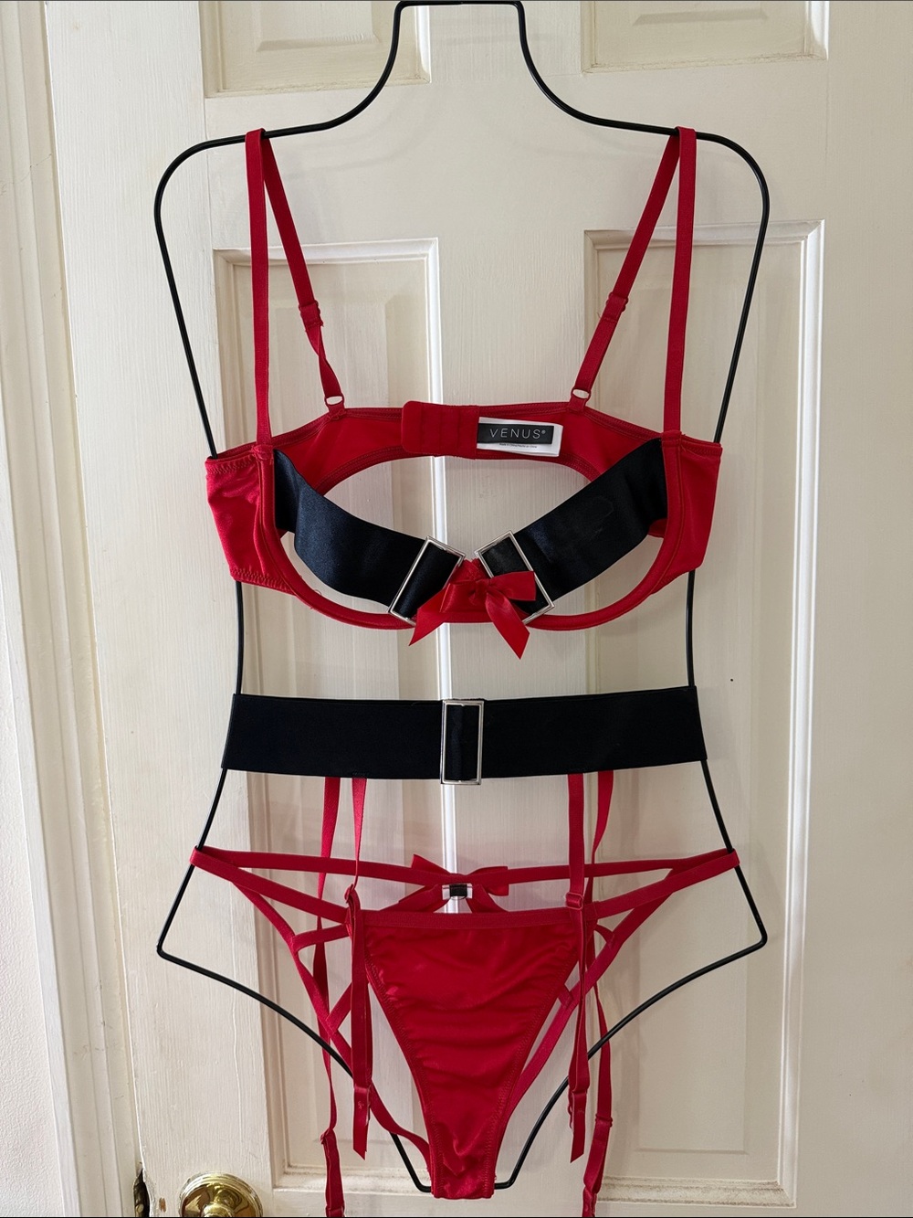 VENUS Red and Black Strappy Lingerie Set